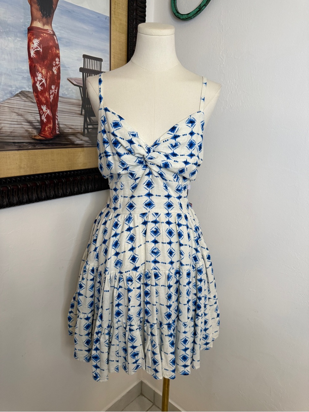 Avec Les Filles White & Blue Corset back Mini Dress